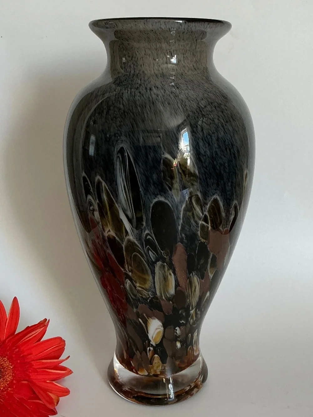 New Stunning Hand-Blown Art Glass Vase Charcoal Amber Black Tortoiseshell Shell